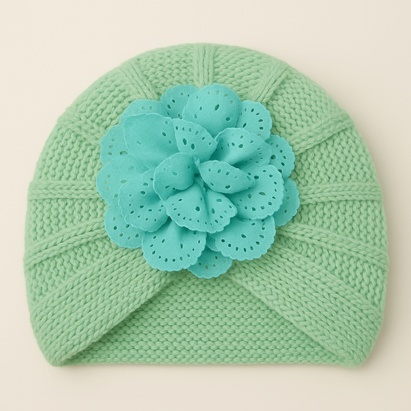 SUNSHINE BABY KITTED WOOLEN CAP FLOWER SEA GREEN