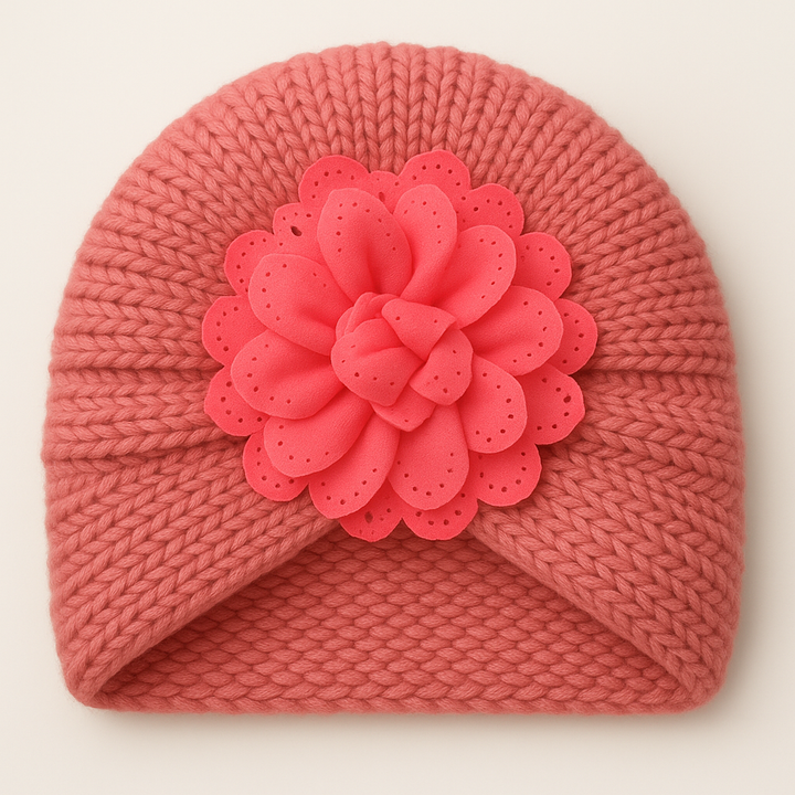 SUNSHINE BABY KITTED WOOLEN CAP FLOWER DARK PINK