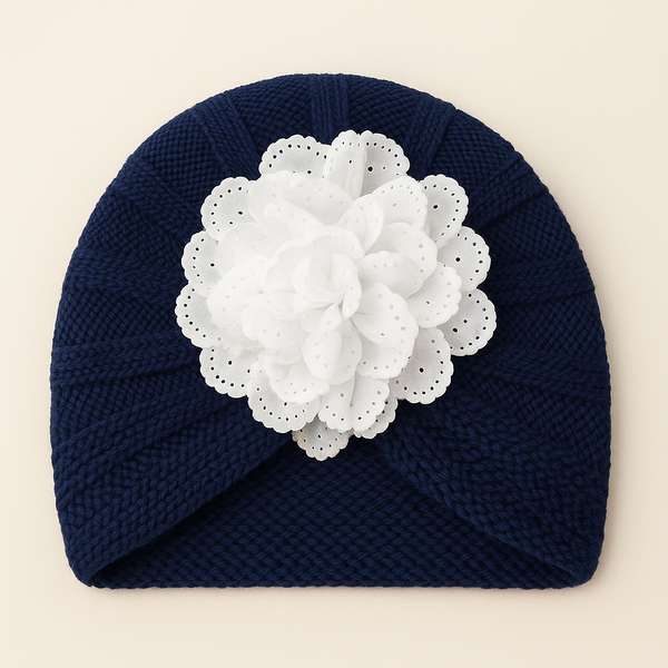 SUNSHINE BABY KITTED WOOLEN CAP FLOWER NAVY BLUE