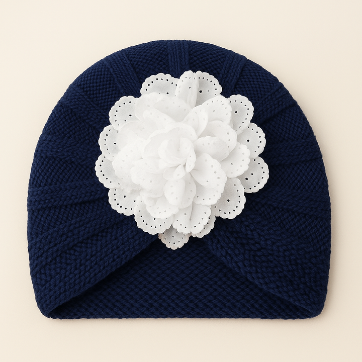 SUNSHINE BABY KITTED WOOLEN CAP FLOWER NAVY BLUE