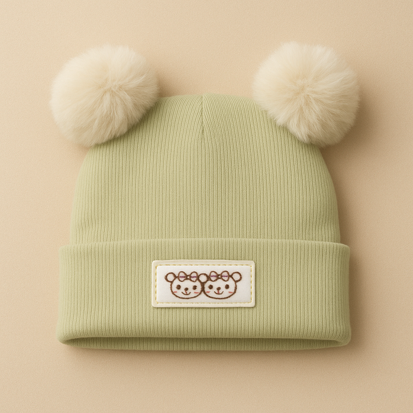 SUNSHINE BABY CAP GREEN WITH OFFWHITE POM POM