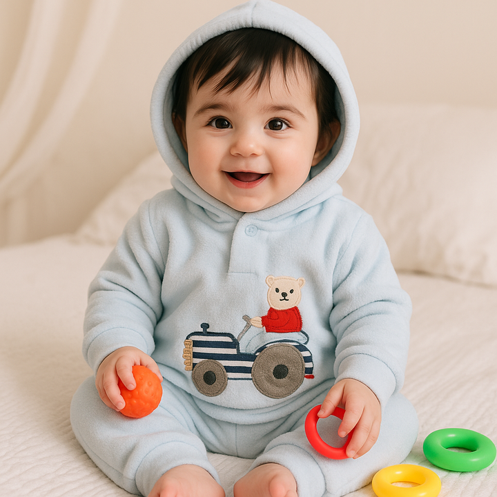 SUNSHINE KIDS HOODED PAJAMA SET BEAR ON TRUCK BLUE 12-18M