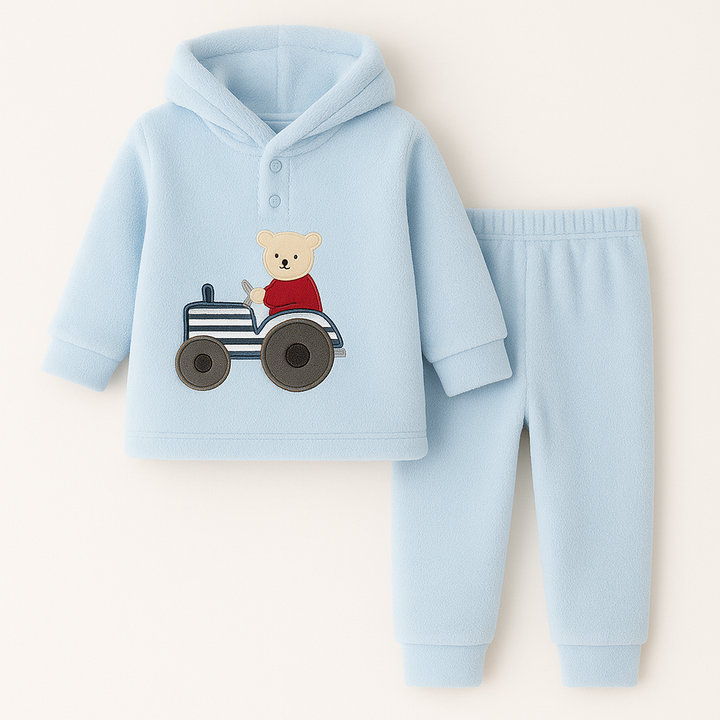 SUNSHINE KIDS HOODED PAJAMA SET BEAR ON TRUCK BLUE 12-18M