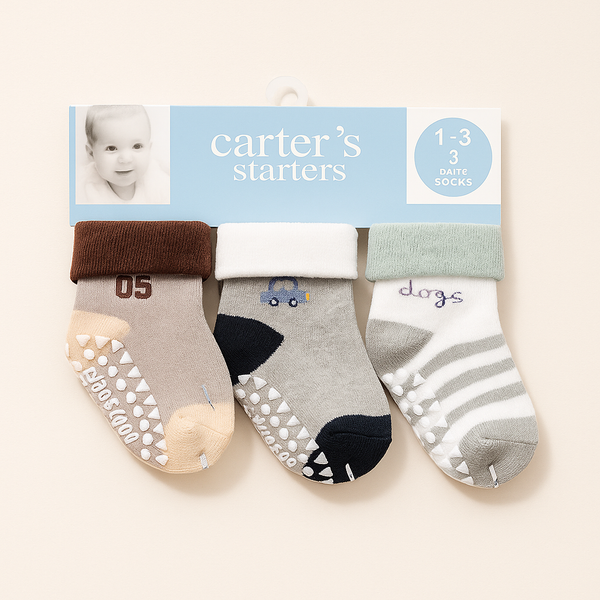 SUNSHINE KIDS 3 PCS WINTER SOCKS CARS GREY & BROWN 8-12CM