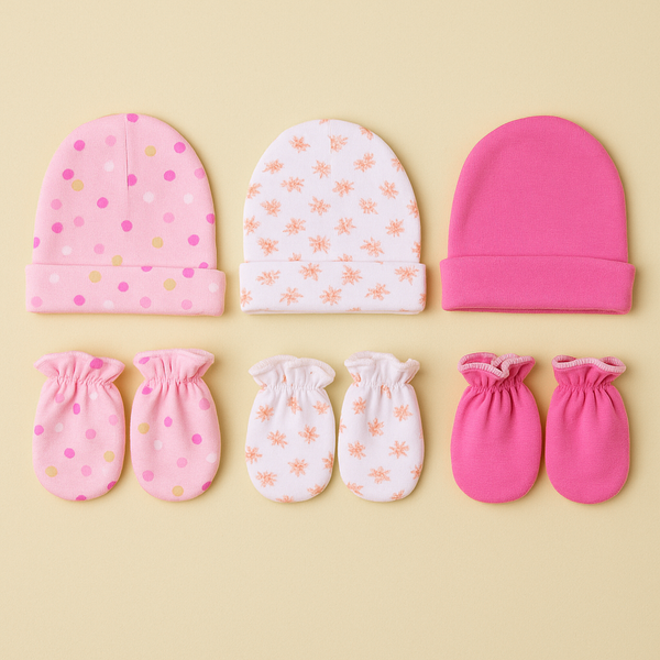 SUNSHINE BABY CAPS & GLOVES PACK OF 6 FLOWERS PINK