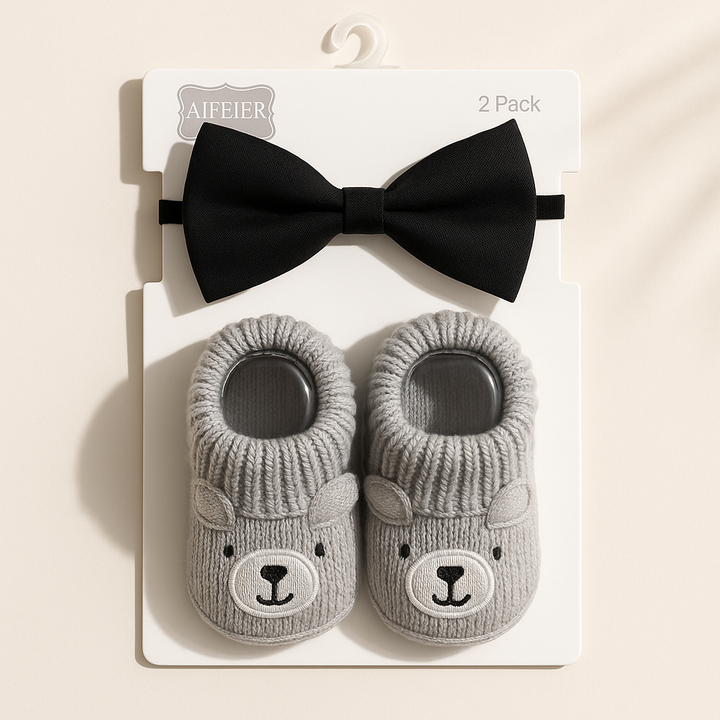 SUNSHINE NEWBORN BABY 2 PCS SET WOOLEN BOOTIES BEAR GREY & BLACK BOW
