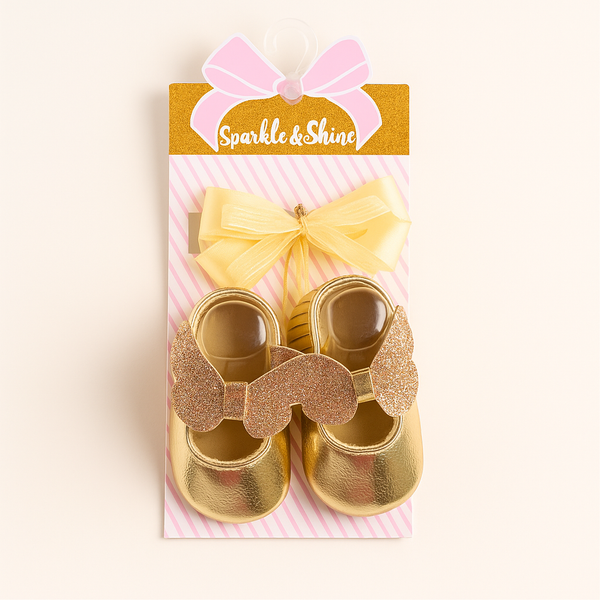 SUNSHINE BABY GIRL PUMPS SHOES & HEADBAND GOLDEN BATTERFLY 6-12M