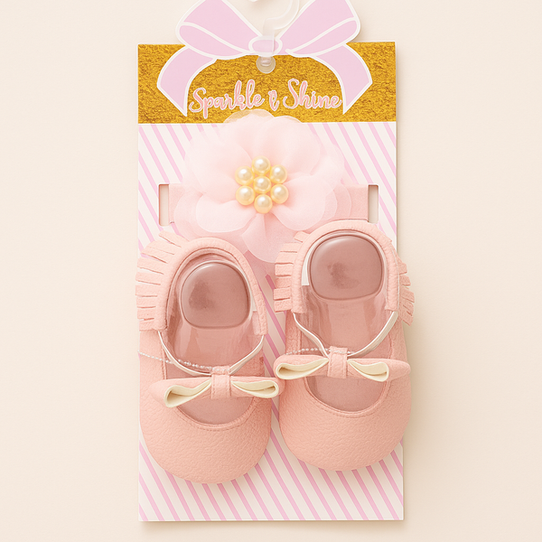 SUNSHINE BABY GIRL PUMPS SHOES & HEADBAND PINK  6-12M