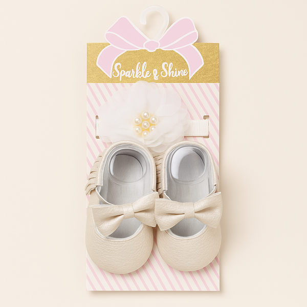 SUNSHINE BABY GIRL PUMPS SHOES & HEADBAND GREY  6-12M