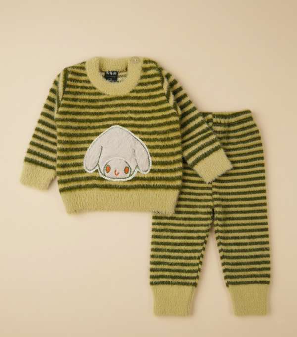 SUNSHINE BABY SOFT WOOLEN PAJAMA SET RABBIT STRIPES OLIVE GREEN 0-3M