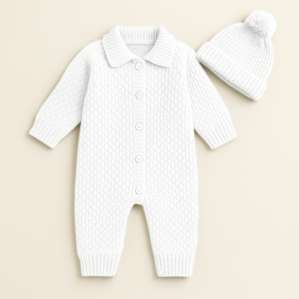 SUNSHINE BABY GIRL KNITED ROMPER & CAP SET WHITE 1-2Y