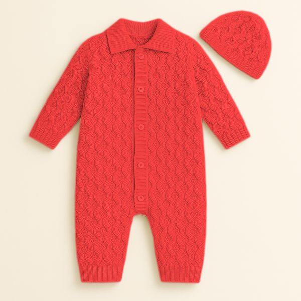 SUNSHINE BABY GIRL KNITED ROMPER ZIG ZAG & CAP SET DARK PEACH 1-2Y