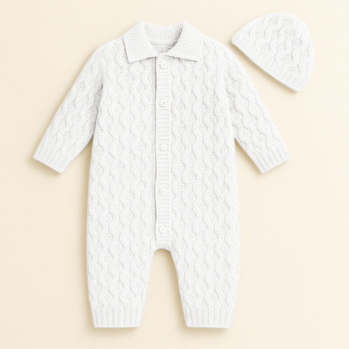 SUNSHINE BABY GIRL KNITED ROMPER ZIG ZAG & CAP SET WHITE 6-12M