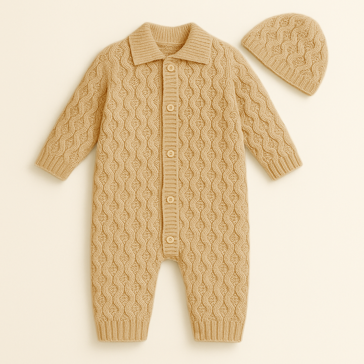 SUNSHINE BABY GIRL KNITED ROMPER ZIG ZAG & CAP SET BEIGE 6-12M