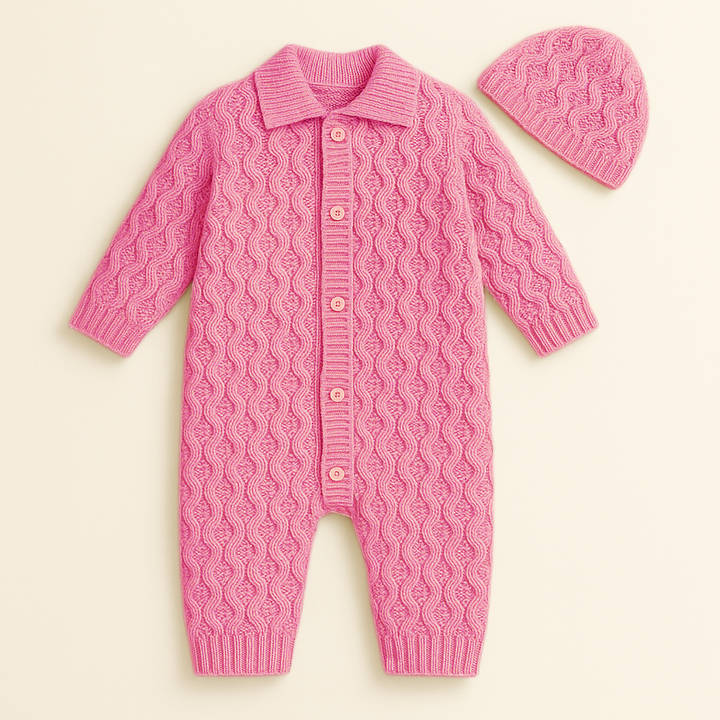 SUNSHINE BABY GIRL KNITED ROMPER ZIG ZAG & CAP SET BABY PINK 6-12M