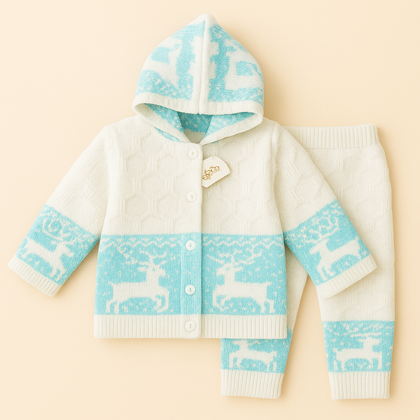 SUNSHINE BABY WOOLEN HOODED PAJAMA SET ELK BLUE 1-2Y