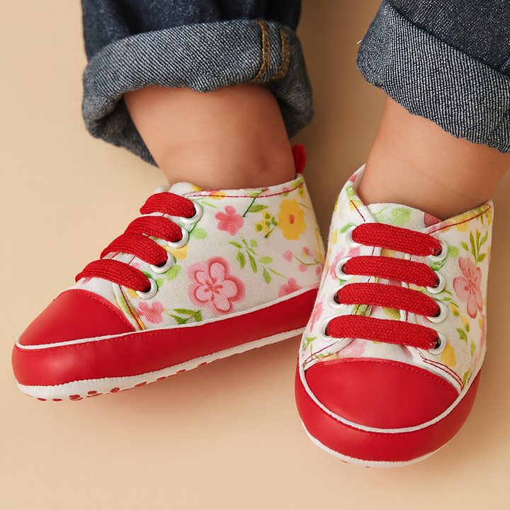 SUNSHINE BABY SHOES LACES FLOWERS WHITE & RED NO 13