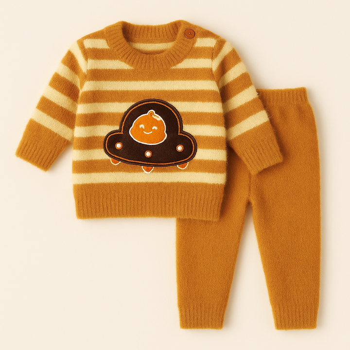 SUNSHINE BABY SOFT WOOLEN PAJAMA SET UFO STRIPES LIGHT  BROWN 0-3M