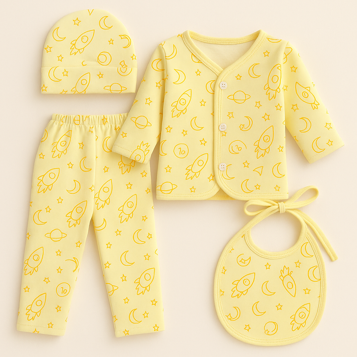 SUNSHINE BABY FS 4PCS FLEECE GIFT SET STARS & ROCKETS YELLOW(NB)