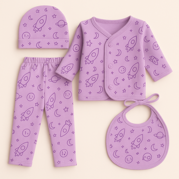 SUNSHINE BABY FS 4PCS FLEECE GIFT SET STARS & ROCKETS PURPLE(NB)