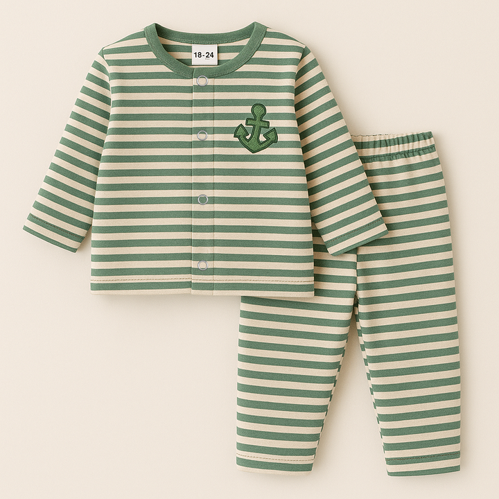 SUNSHINE BABY WINTER SLEEPSUIT STRIPES ANCHOR GREEN 3-6M