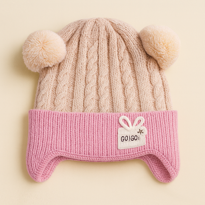 SUNSHINE BABY WOOLEN CAP BEIGE & PINK POM POM