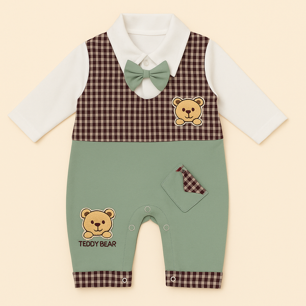 SUNSHINE BABY COTTON ROMPER TEDDY BEAR & BOW CHECK  MAROON 6-9M