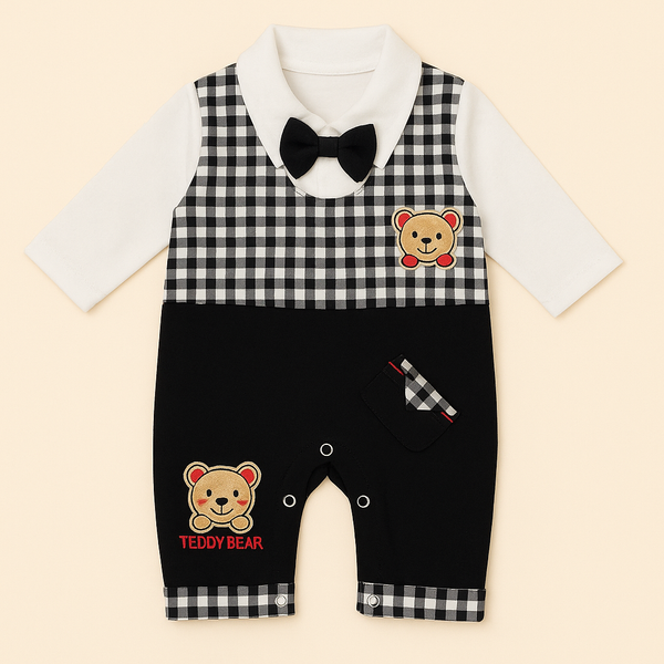 SUNSHINE BABY COTTON ROMPER TEDDY BEAR & BOW CHECK  BLACK 6-9M