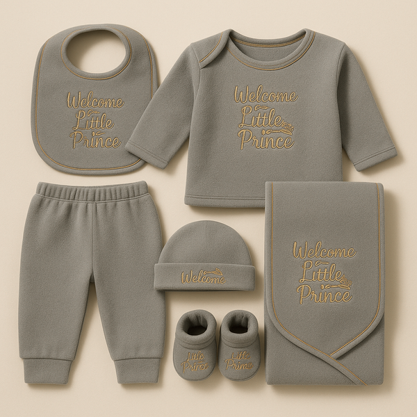 SUNSHINE NEWBORN BABY FLEECE GIFT SET 7 PCS WELCOME LITTLE PRINCE GREY