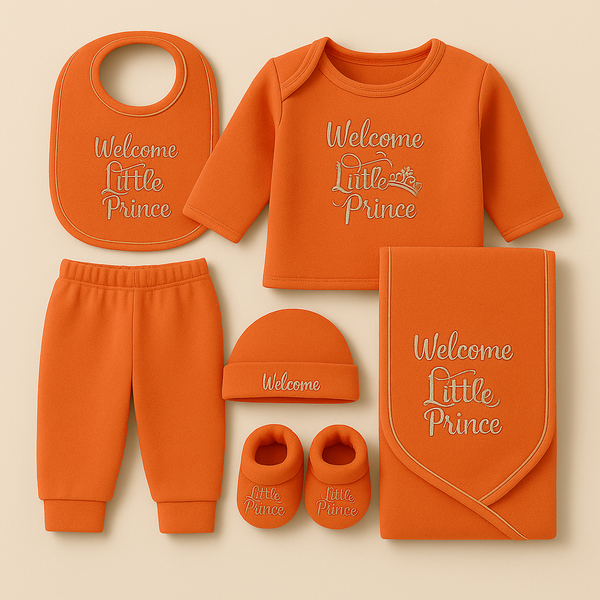 SUNSHINE NEWBORN BABY FLEECE GIFT SET 7 PCS WELCOME LITTLE PRINCE ORANGE