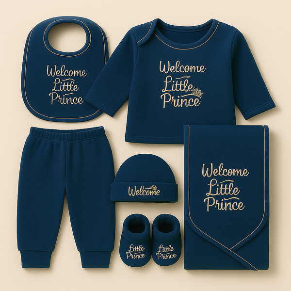 SUNSHINE NEWBORN BABY FLEECE GIFT SET 7 PCS WELCOME LITTLE PRINCE NAVY BLUE