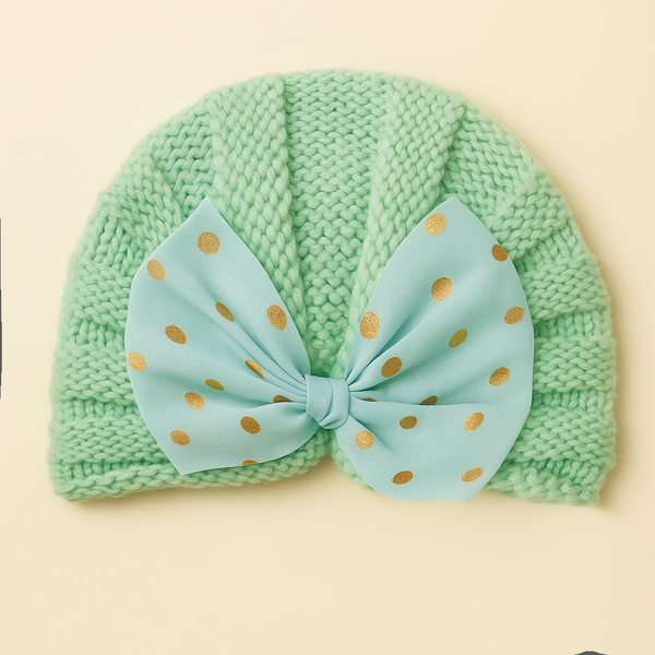 SUNSHINE BABY KNITTED WOOLEN CAP WITH BOW GREEN