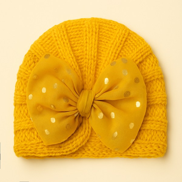 SUNSHINE BABY KNITTED WOOLEN CAP WITH BOW YELLOW