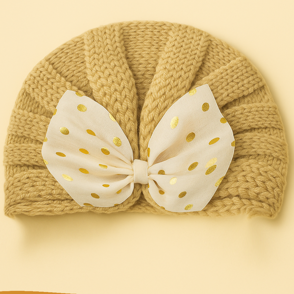 SUNSHINE BABY KNITTED WOOLEN CAP WITH BOW BEIGE