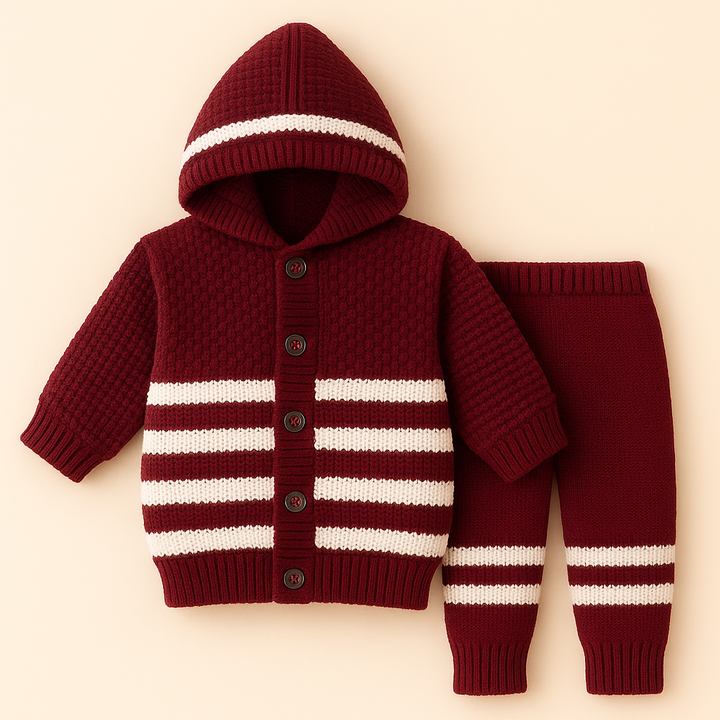 SUNSHINE BABY HOODED WOOLEN PAJAMA SET MAROON 0-3M