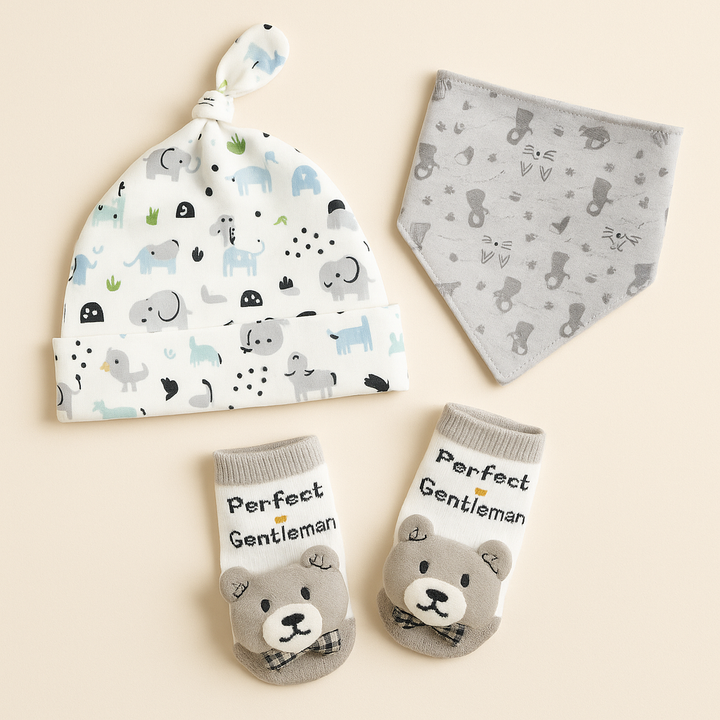 SUNSHINE BABY CAP SET PACK OF 3 ELEPHANTS GREY