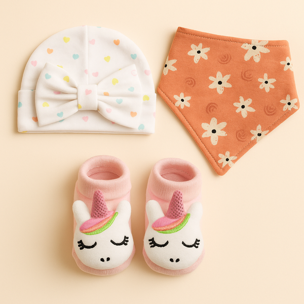 SUNSHINE BABY CAP SET PACK OF 3 FLOWERS ORANGE