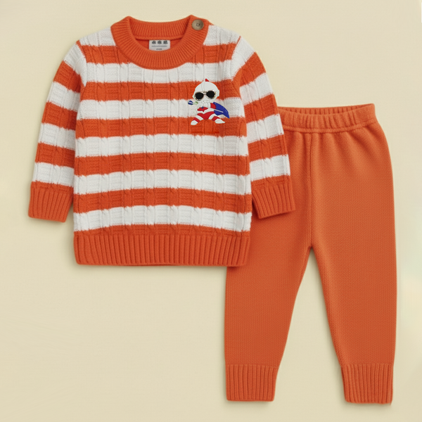 SUNSHINE BABY WOOLEN PAJAMA SET CARTOON SQUARE STRIPES  ORANGE NB