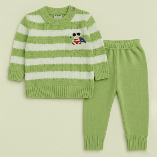 SUNSHINE BABY WOOLEN PAJAMA SET CARTOON SQUARE STRIPES  GREEN NB