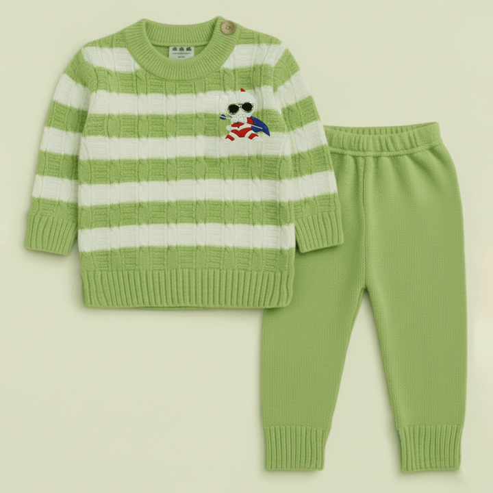SUNSHINE BABY WOOLEN PAJAMA SET CARTOON SQUARE STRIPES  GREEN NB