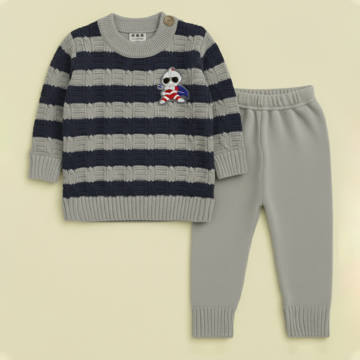 SUNSHINE BABY WOOLEN PAJAMA SET CARTOON SQAURE STRIPES  ROYAL BLUE NB