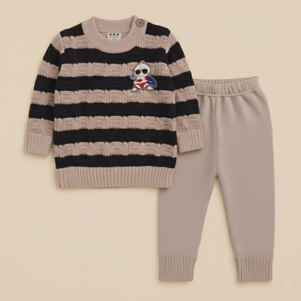 SUNSHINE BABY WOOLEN PAJAMA SET CARTOON SQUARE STRIPES DARK BROWN NB