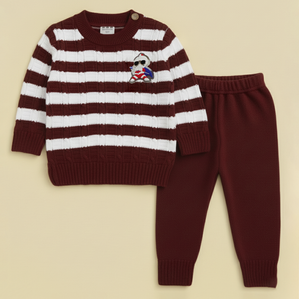 SUNSHINE BABY WOOLEN PAJAMA SET CARTOON SQUARE STRIPES  BROWN NB