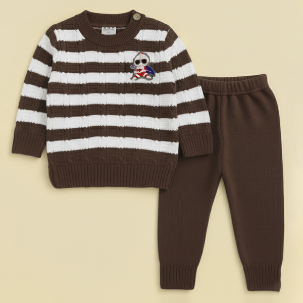 SUNSHINE BABY WOOLEN PAJAMA SET CARTOON SQAURE STRIPES LIGHT BROWN