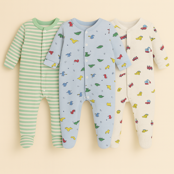 SUNSHINE BABY 3 PCS COTTON SUITS ASSORTED CARS & DINO BLUE,GREY & GREEN 3-6M