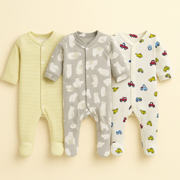 SUNSHINE BABY 3 PCS COTTON SUITS ASSORTED SEAL & CAR GREY & BROWN 6-9M