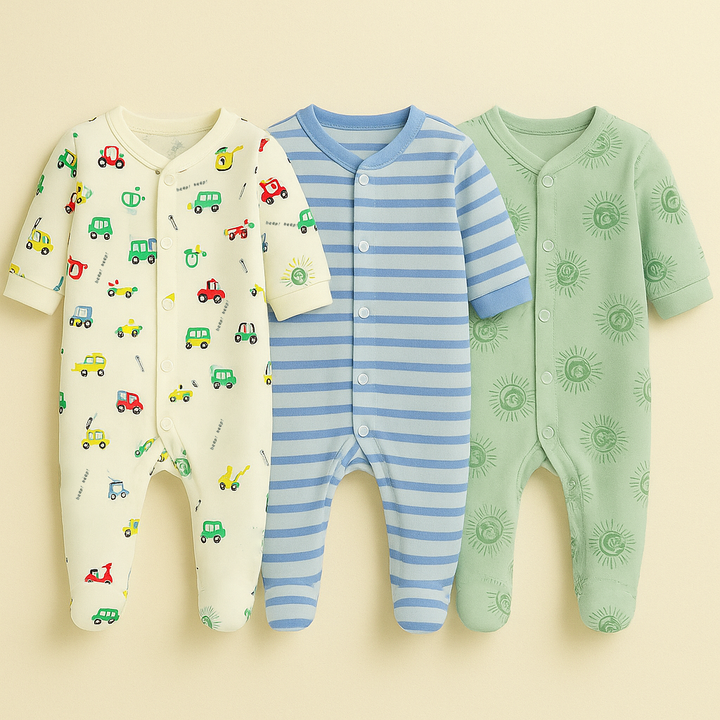 SUNSHINE BABY 3 PCS COTTON SUITS ASSORTED LION & PUPPY BLUE & GREEN 0-3M