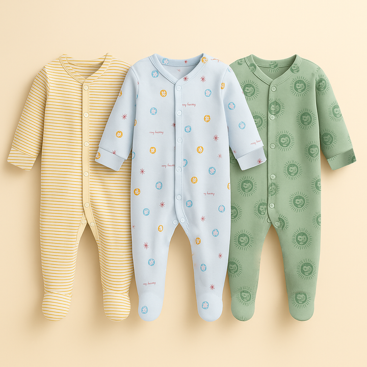 SUNSHINE BABY 3 PCS COTTON SUITS ASSORTED LION & PUPPY BLUE & GREEN 3-6M
