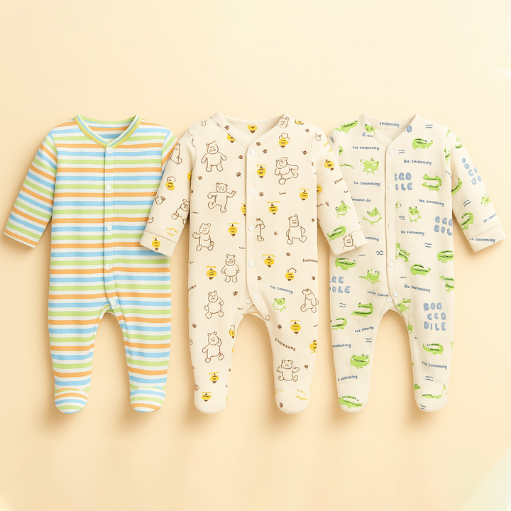 SUNSHINE BABY 3 PCS COTTON SUITS ASSORTED PANDA & CROCODILE BLUE & GREEN 0-3M