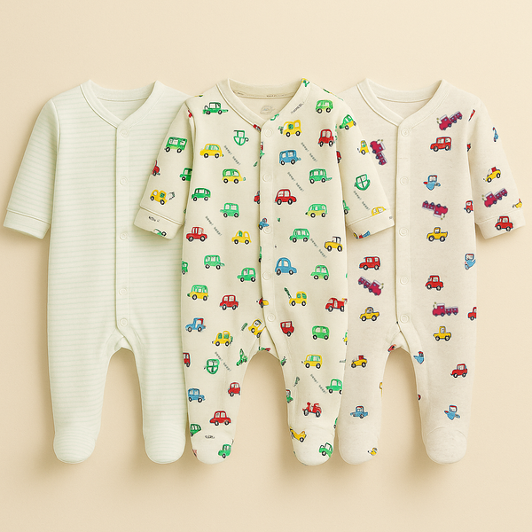 SUNSHINE BABY 3 PCS COTTON SUITS ASSORTED TRACKER GREY & GREEN 6-9M